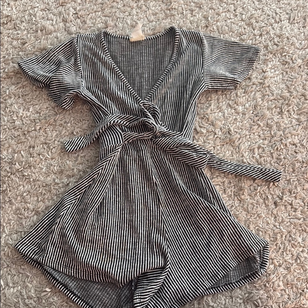 Caution To The Wind Black & White Striped Wrap Romper
